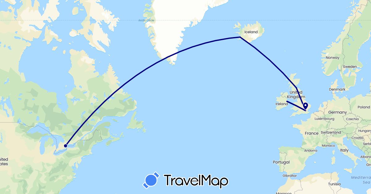 TravelMap itinerary: driving in Canada, United Kingdom, Ireland, Iceland (Europe, North America)